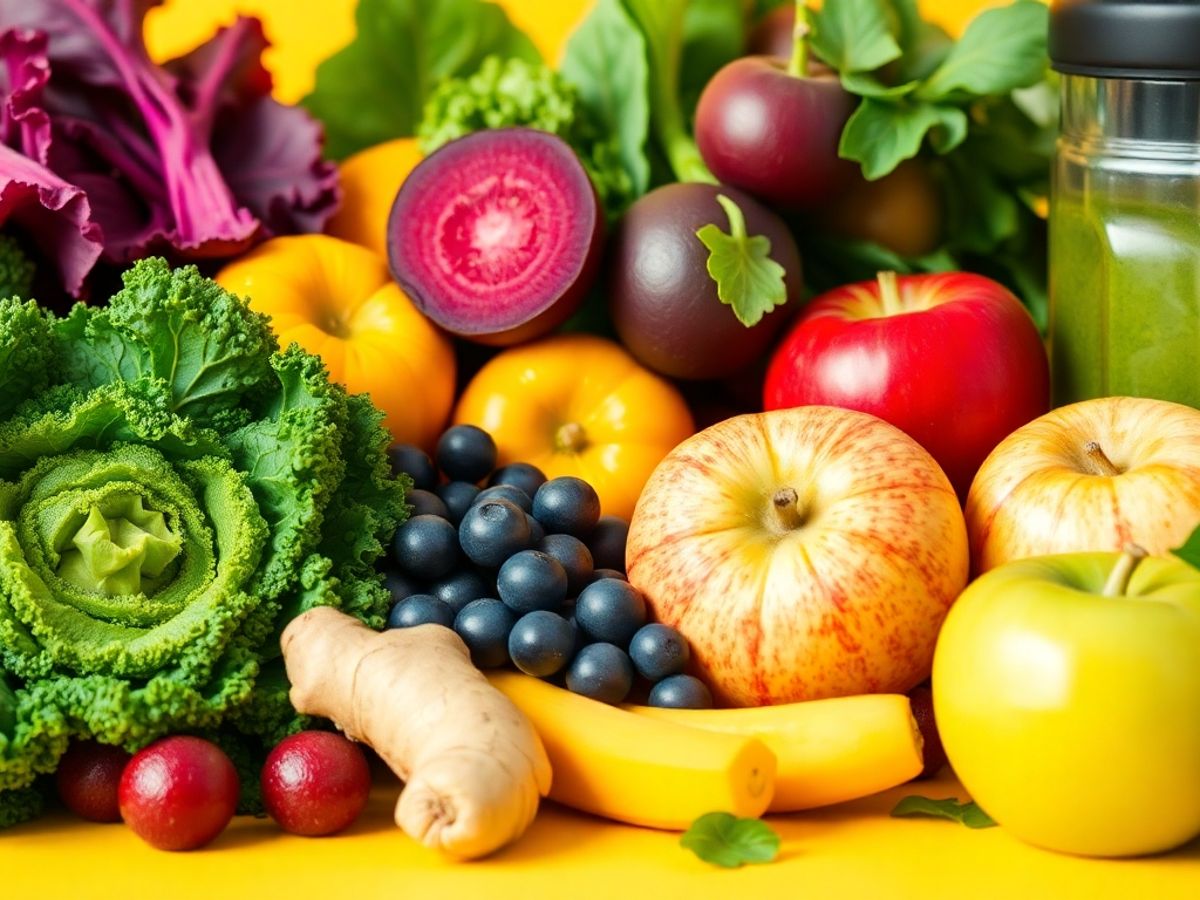 Colorful fruits and vegetables for healthy juice recipes.