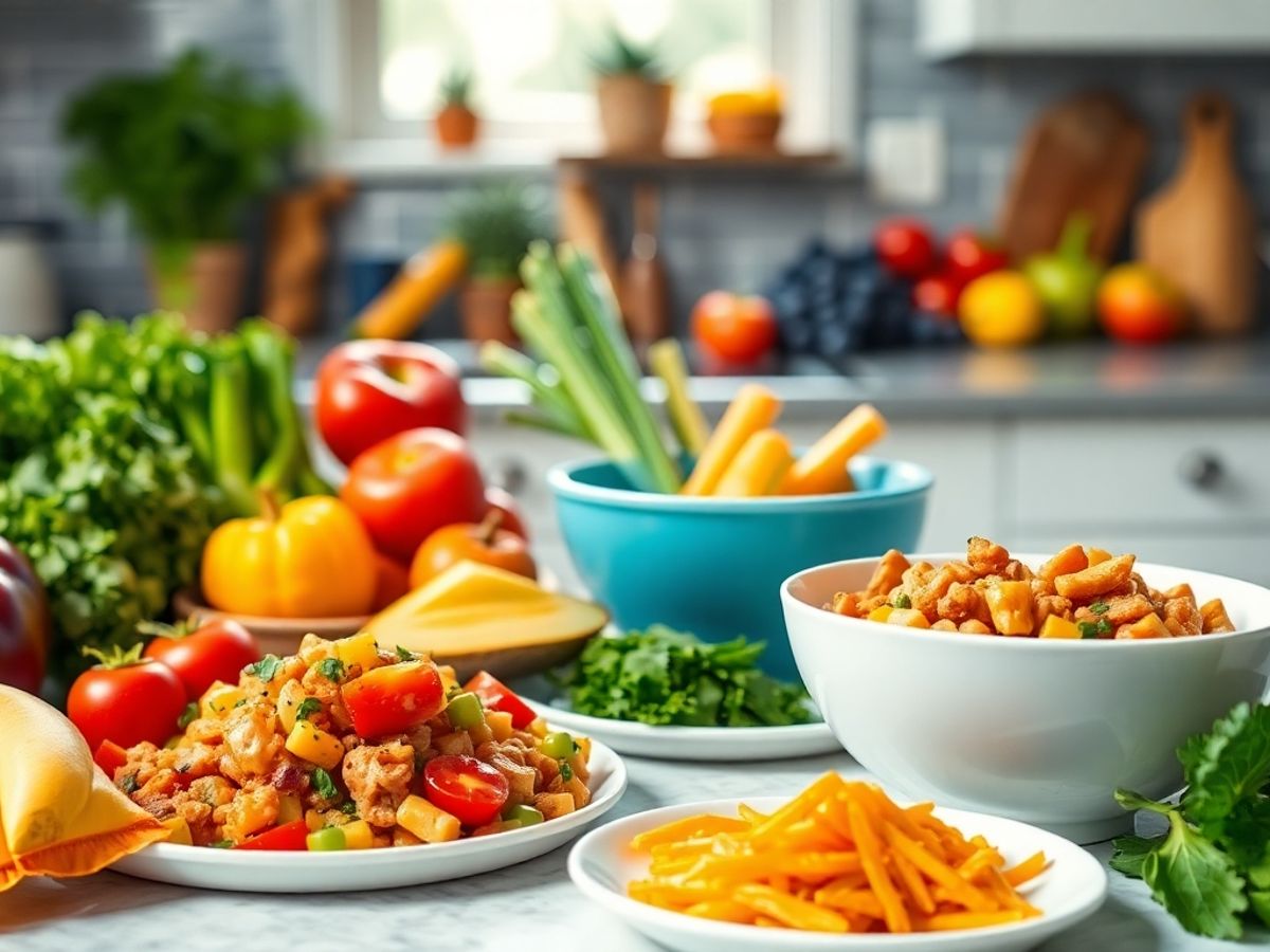 Colorful fruits and vegetables in a vibrant kitchen setting.