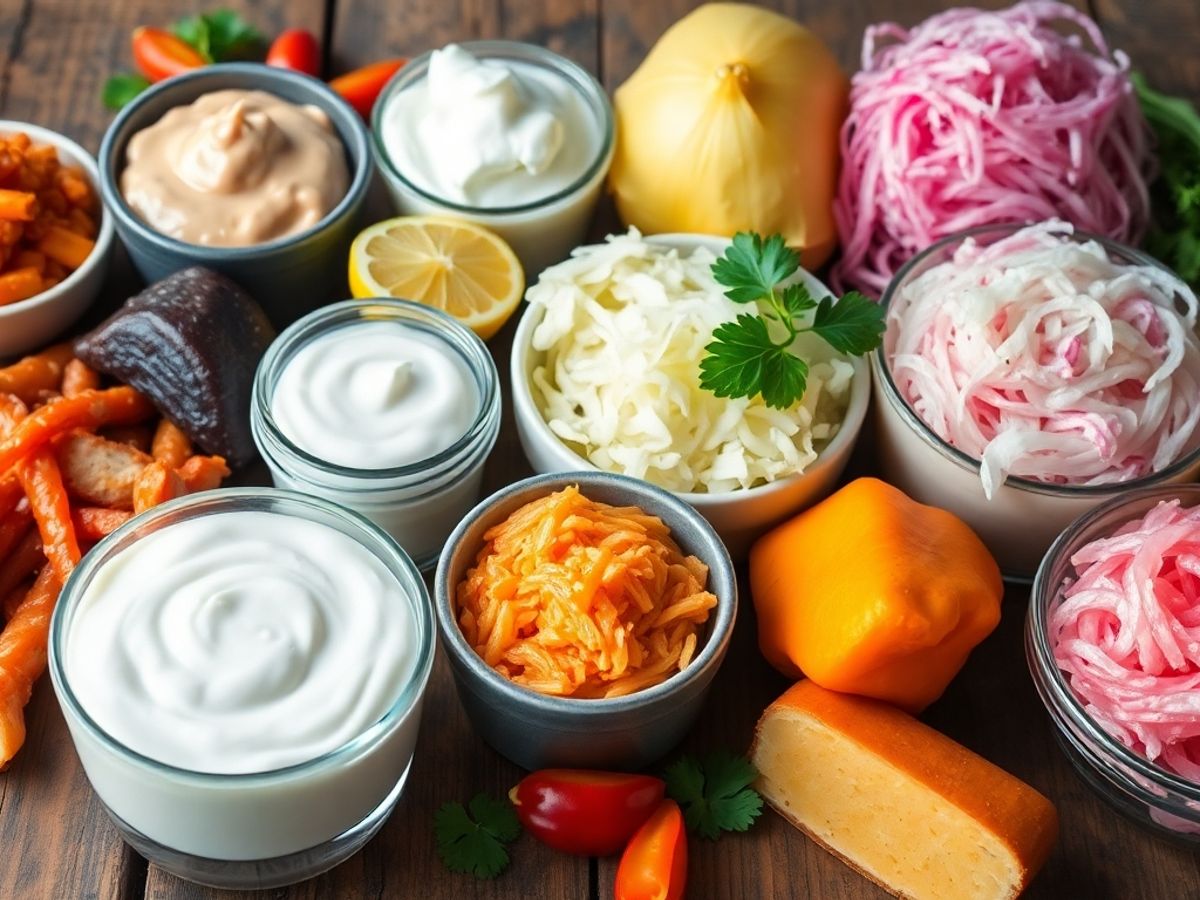 Colorful fermented foods like kimchi, yogurt, and sauerkraut.