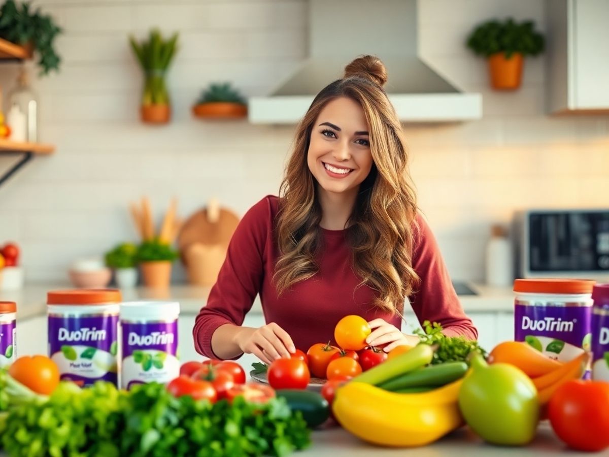 Healthy meal preparation with DuoTrim products in kitchen.